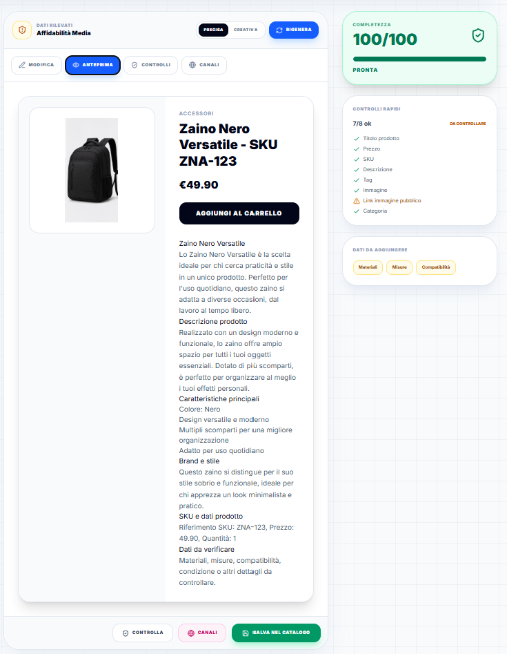 Anteprima reale di una scheda prodotto generata con FastListing AI
